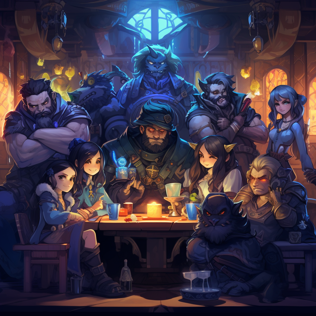 Diverse group of fantasy characters in a tavern