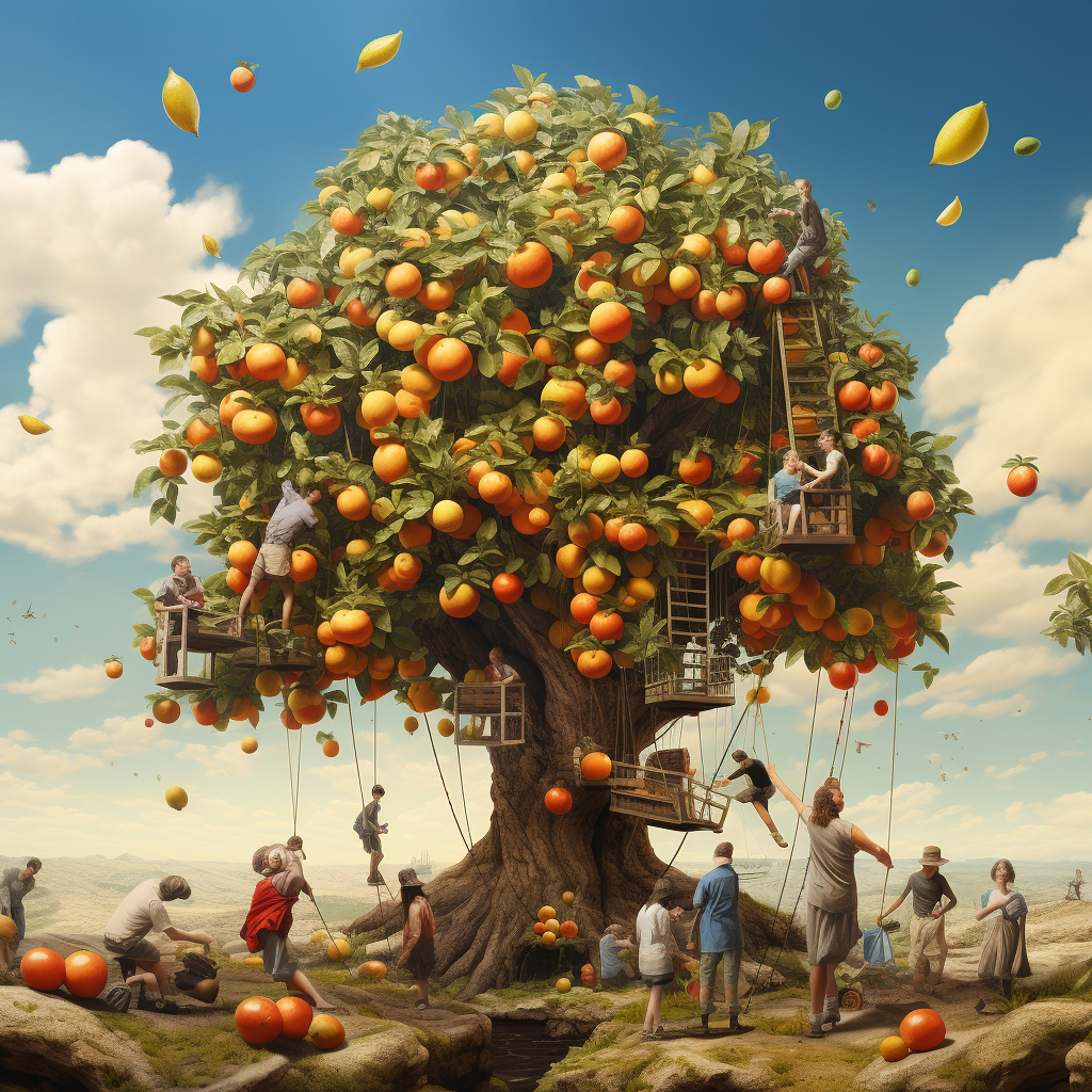 People enjoying delicious fruits under a surreal tree