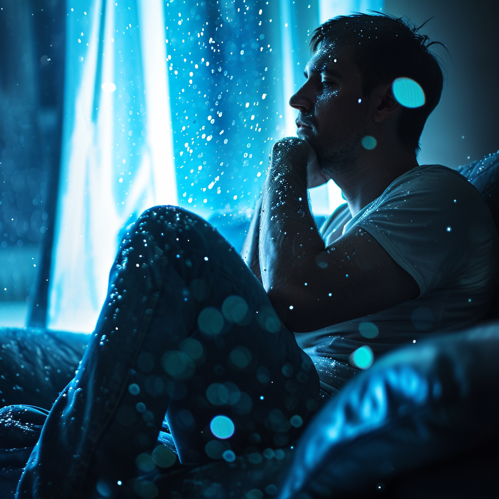 Pensive man on a blue particle-filled couch