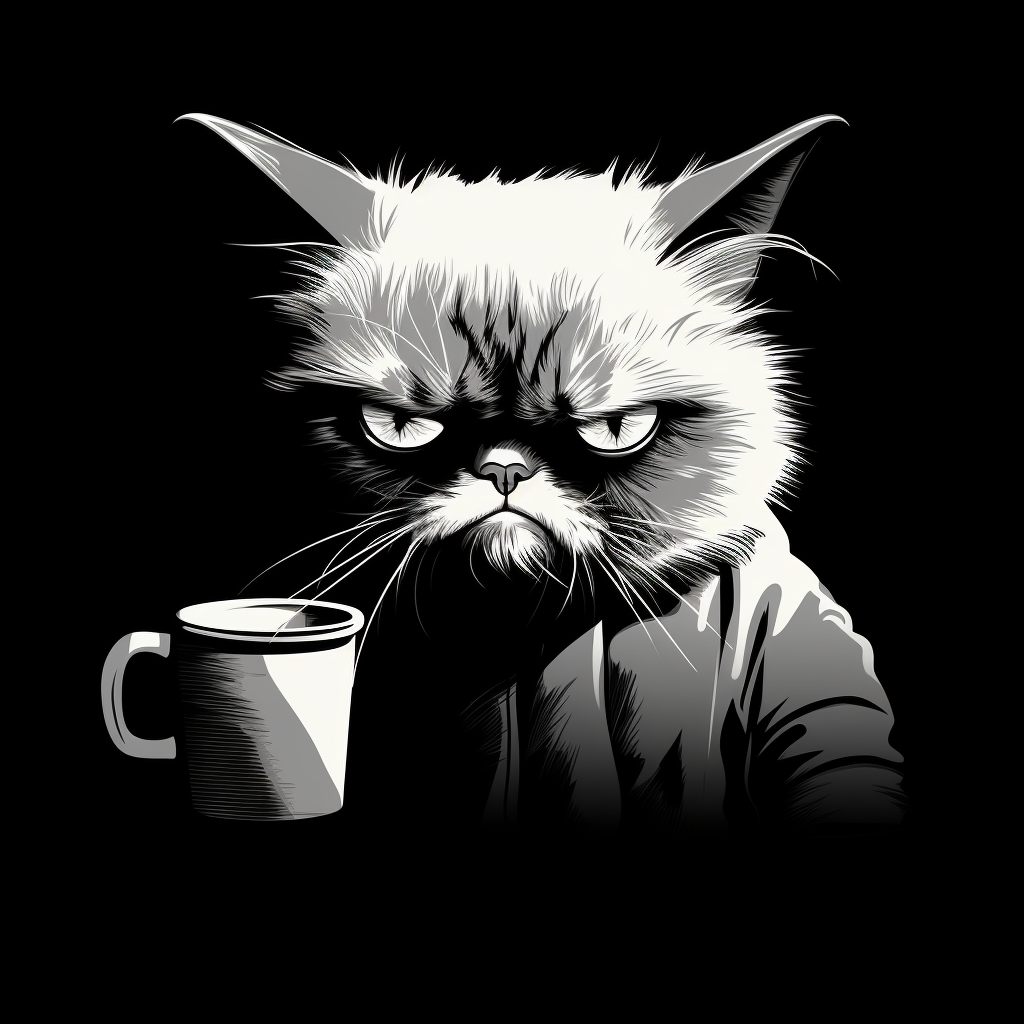 Minimalist grumpy cat drinking coffee tiredly