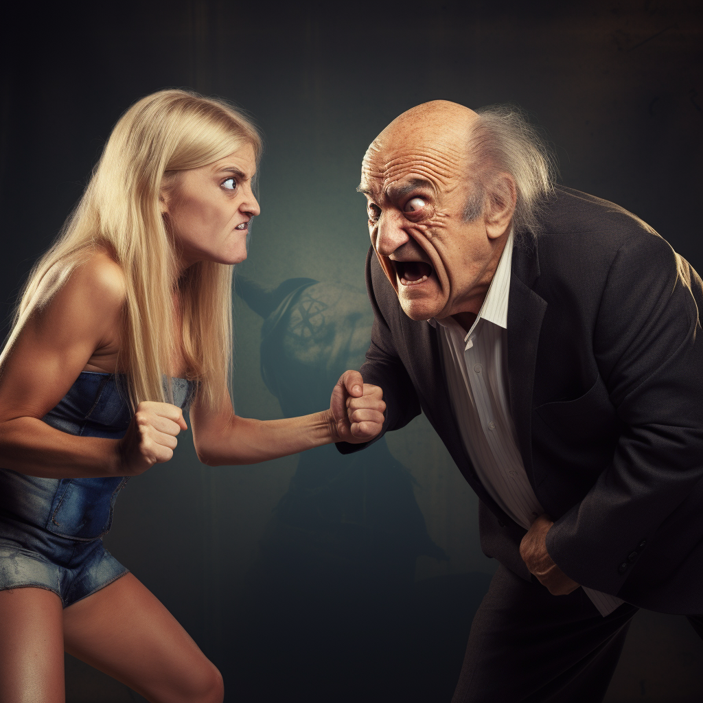 Old man wrestling blonde girl