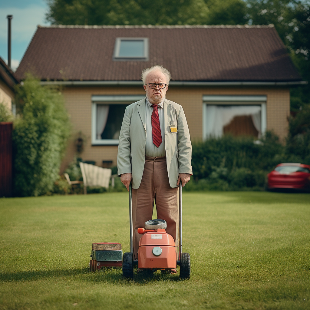 Grumpy old man with lawn mower