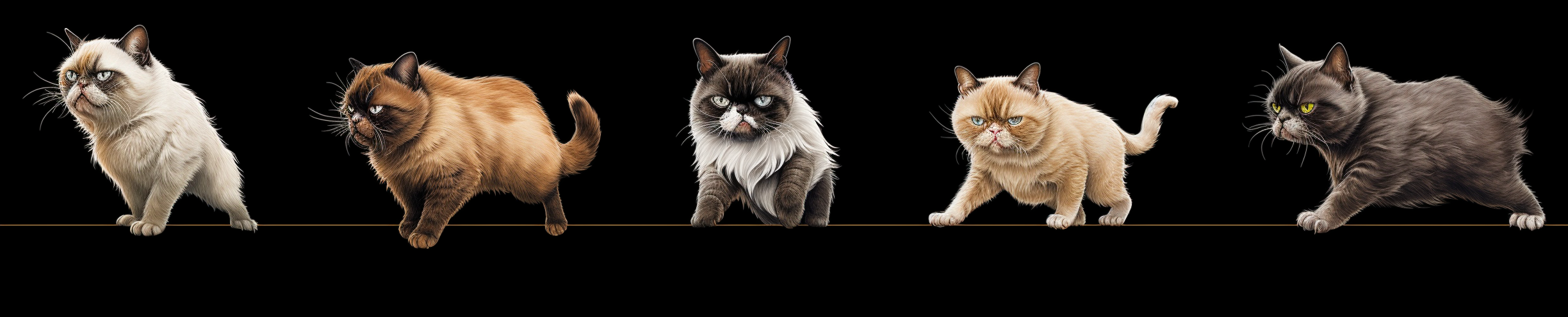 Illustration of grumpy cat walking on black background