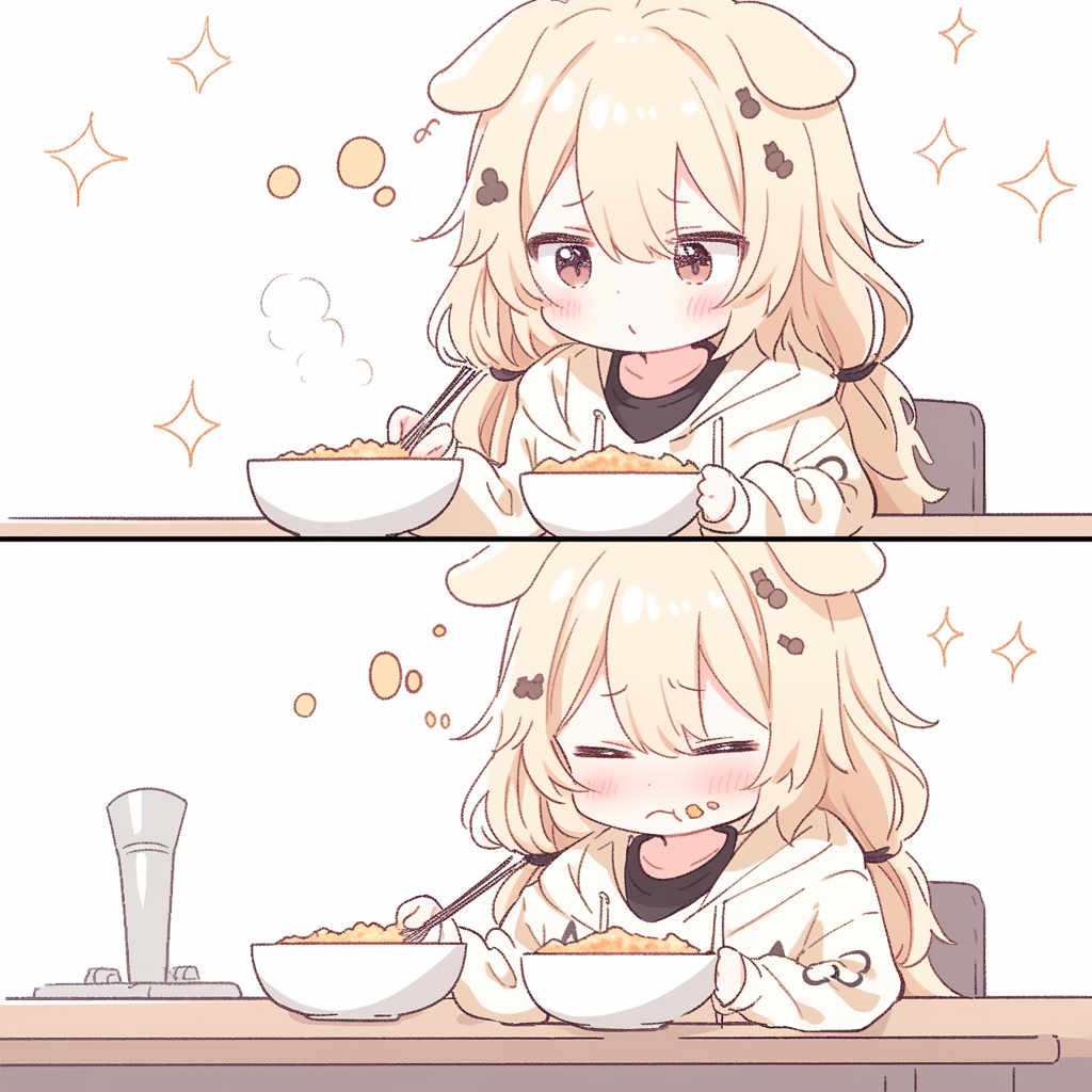 Anthropomorphic blond koala girl sitting behind a table refusing to eat cereals