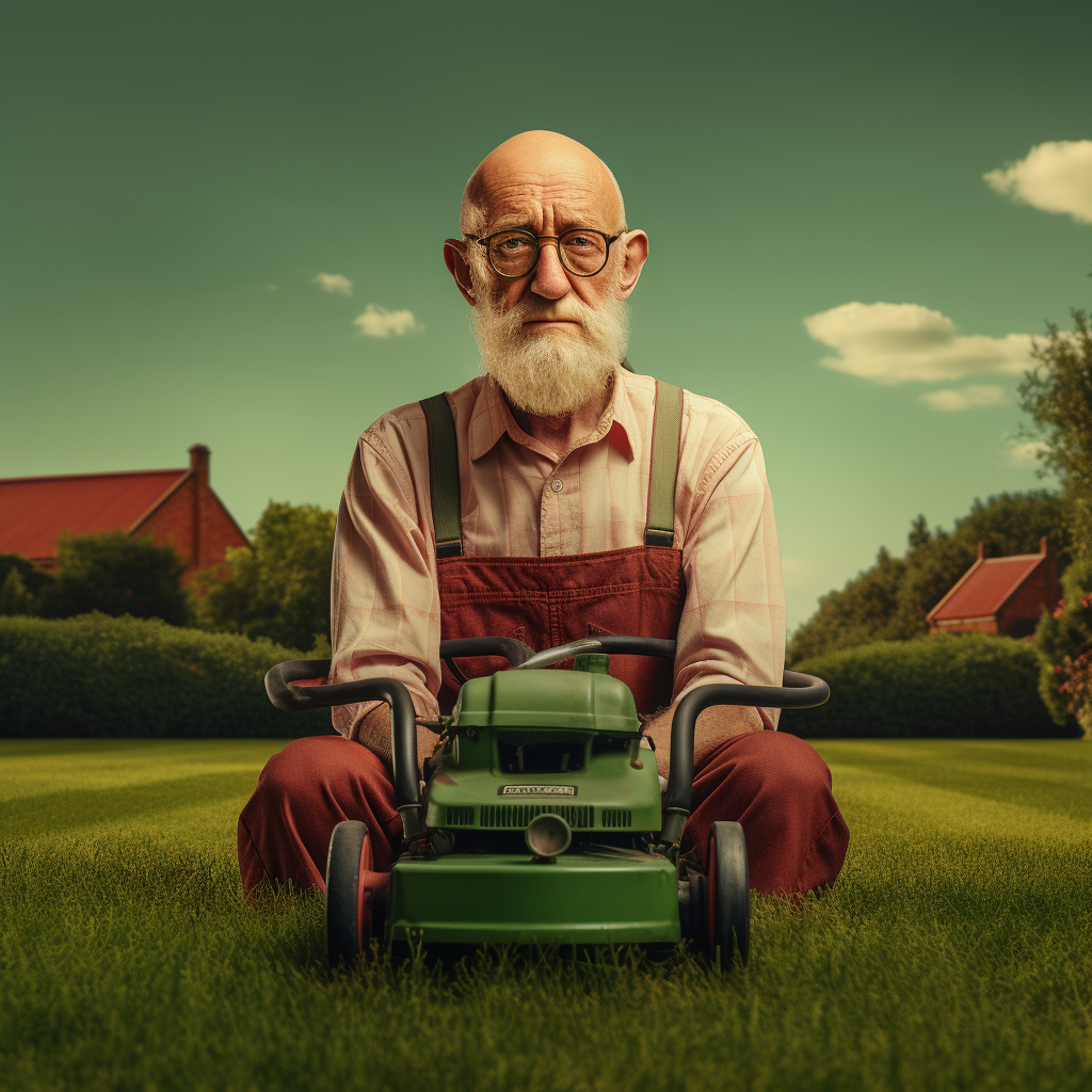 Grumpy old man mowing lawn