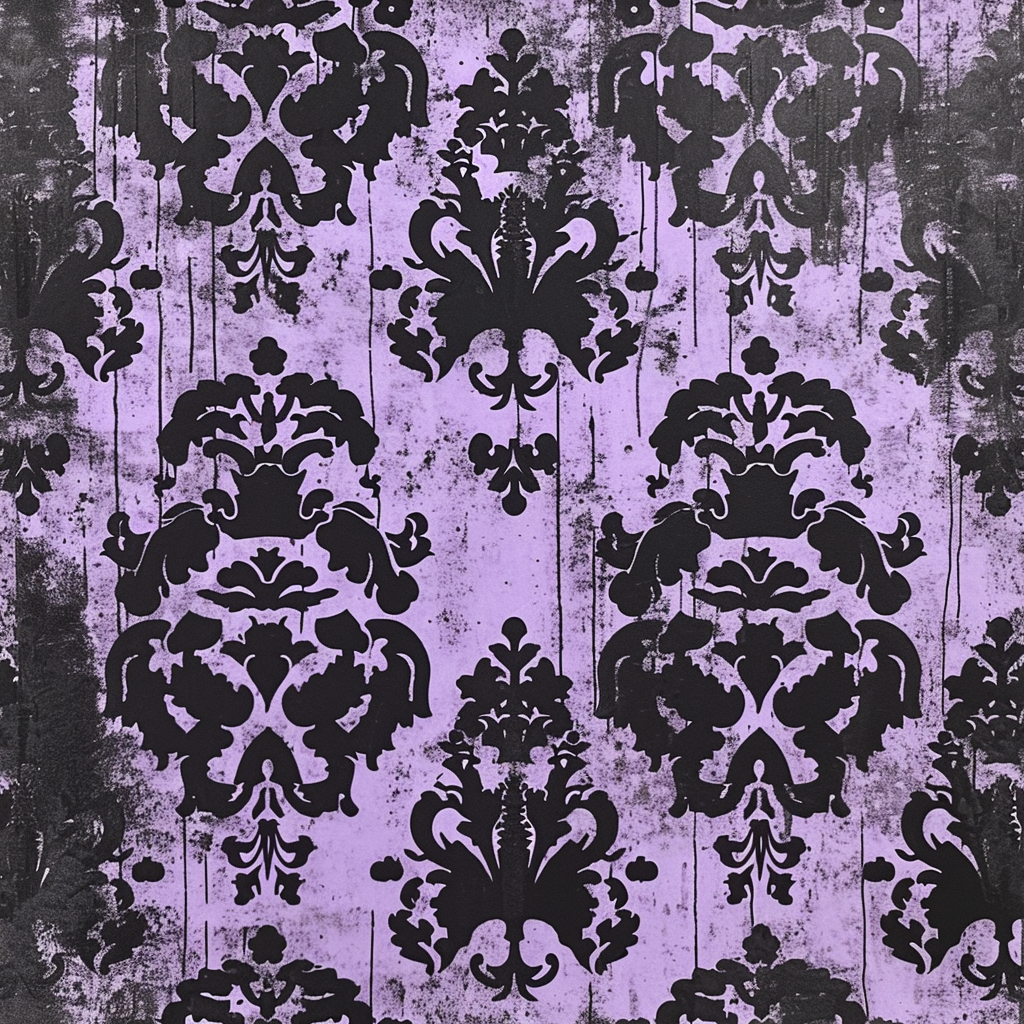 Lavender damask and skull pattern on black background