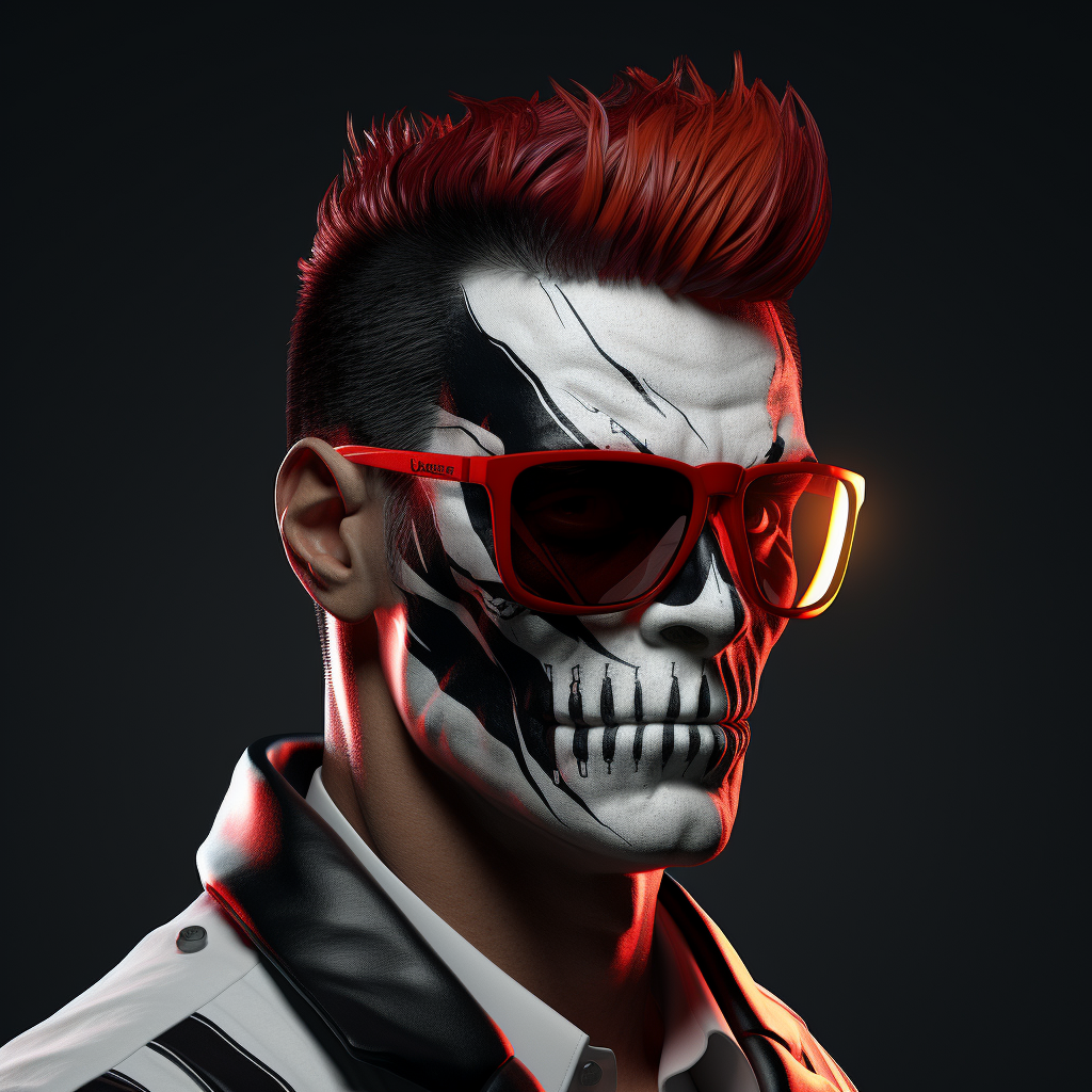 Man with split black and red hair wearing skull half mask