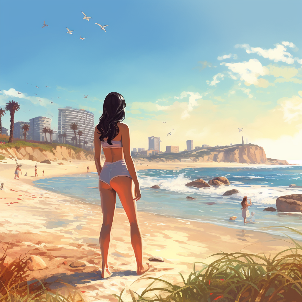 Beautiful girl enjoying GTA V beach