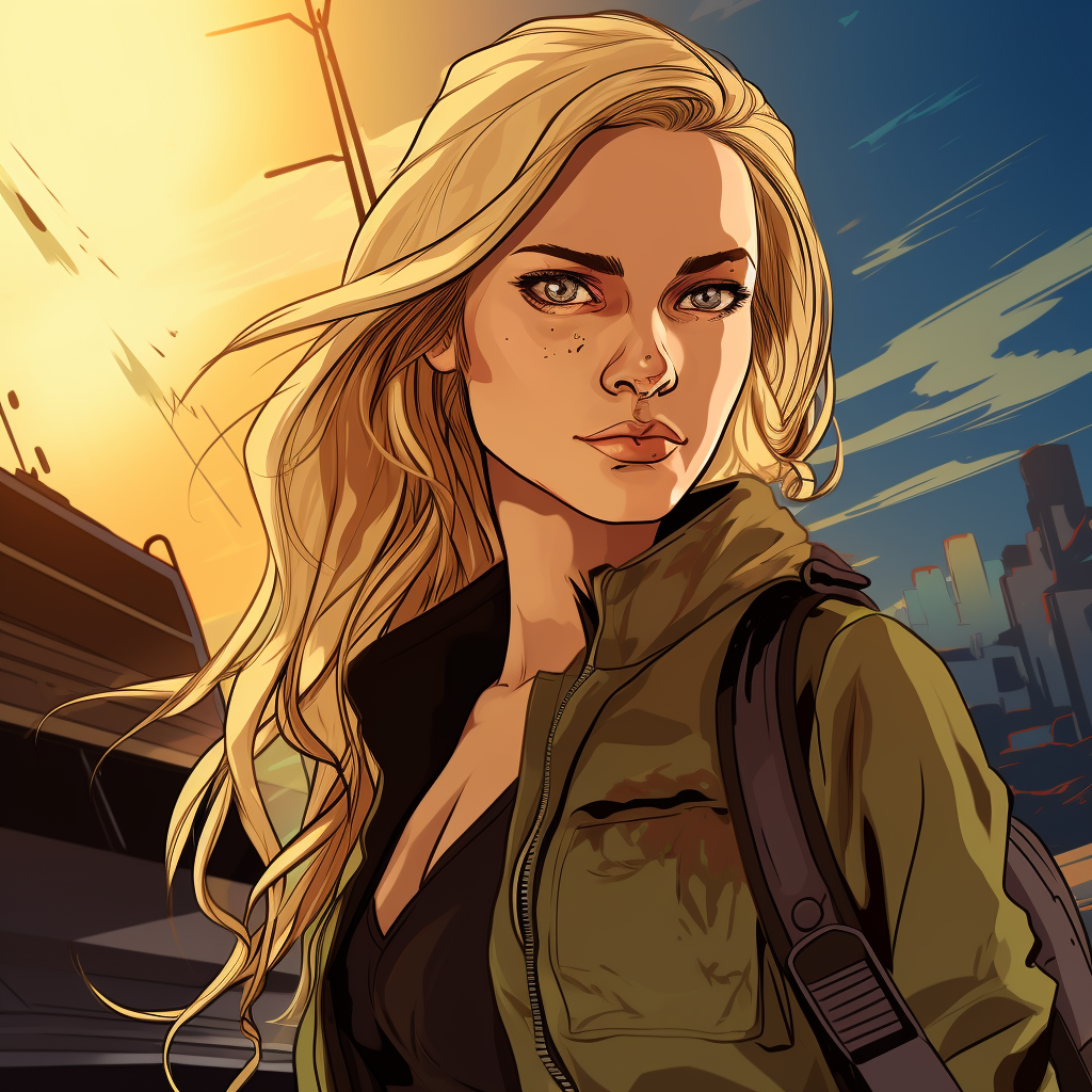 Blond woman with green eyes surviving in post-apo GTA-style world