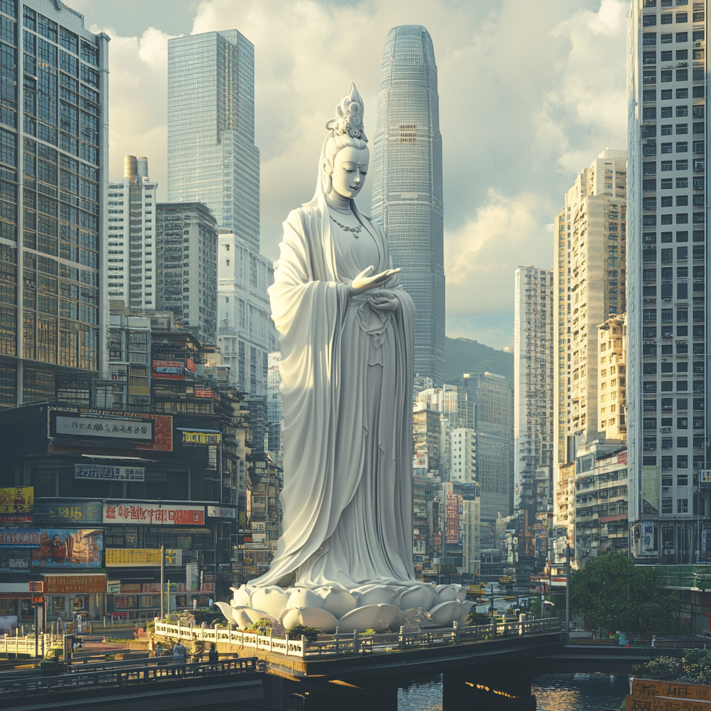 Guanyin compassion bodhisattva modern city portrait