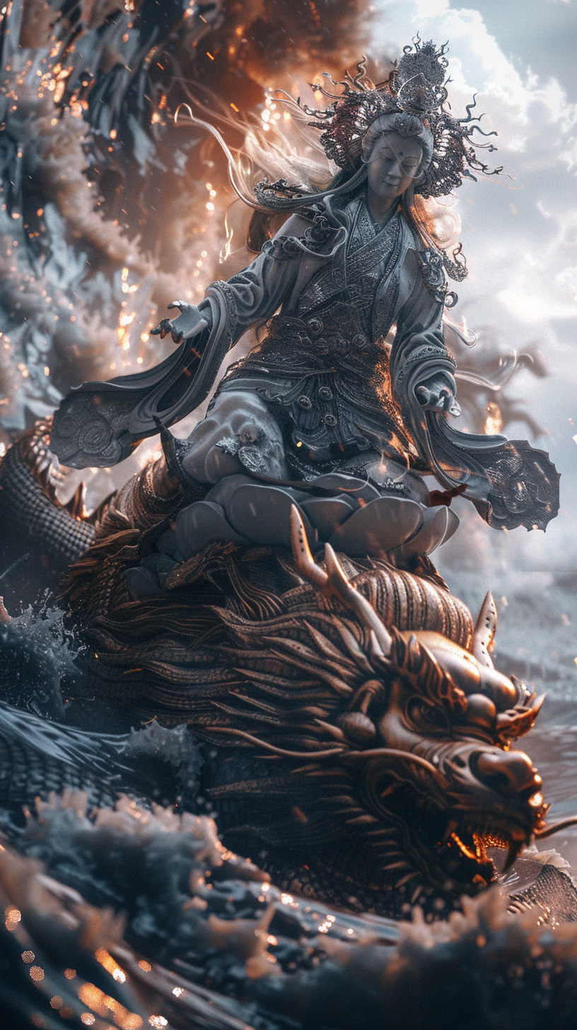 Guanyin riding dragon lion sea