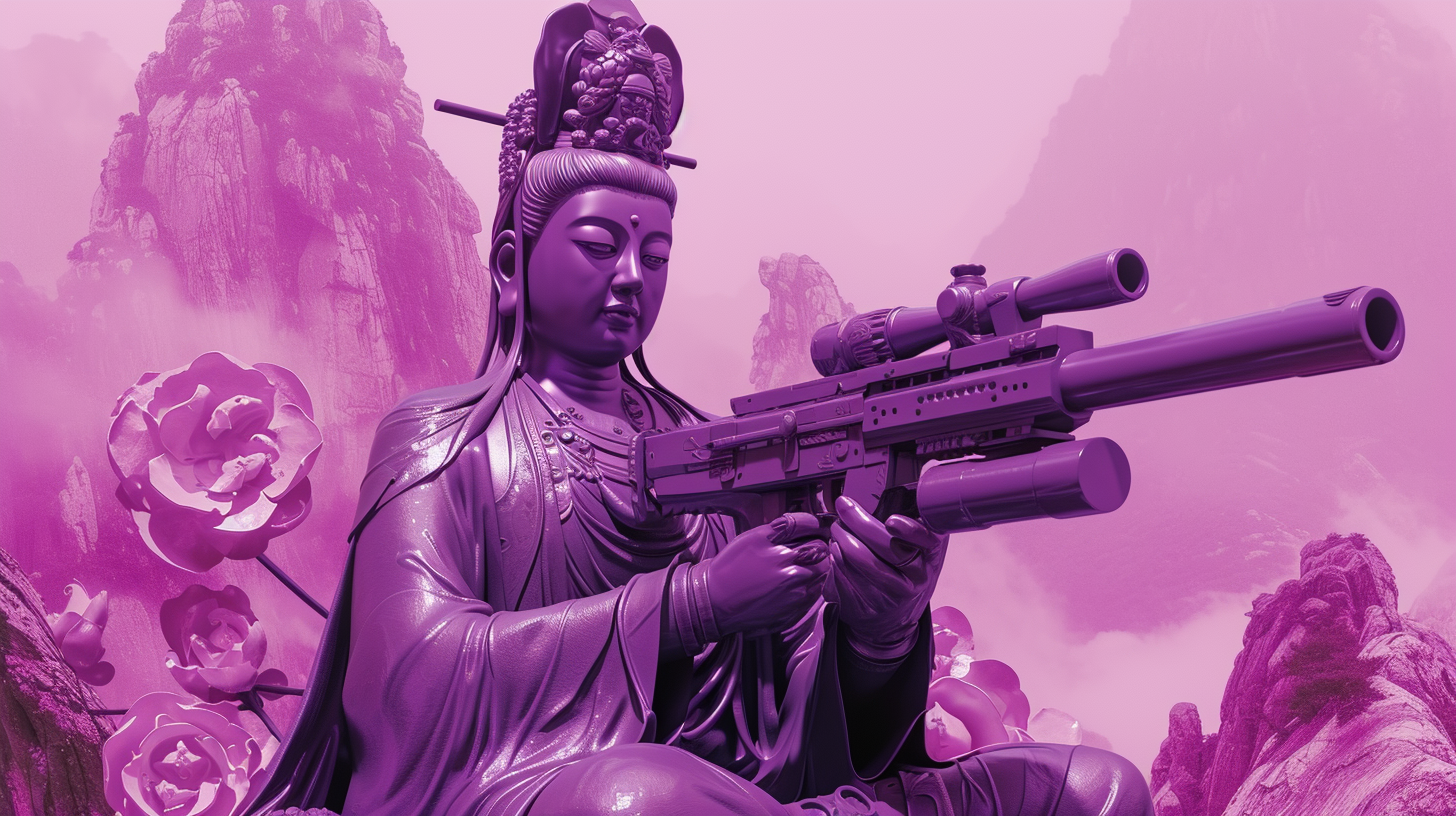 Guanyin holding gatling gun on purple banner