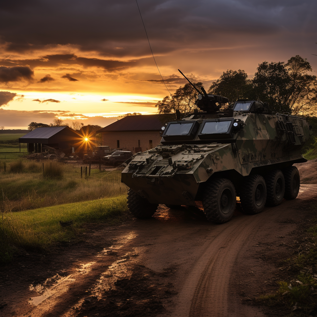 Guarded military compound in English countryside sunset