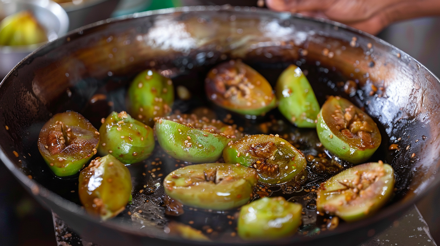 Vibrant fried guava in wok