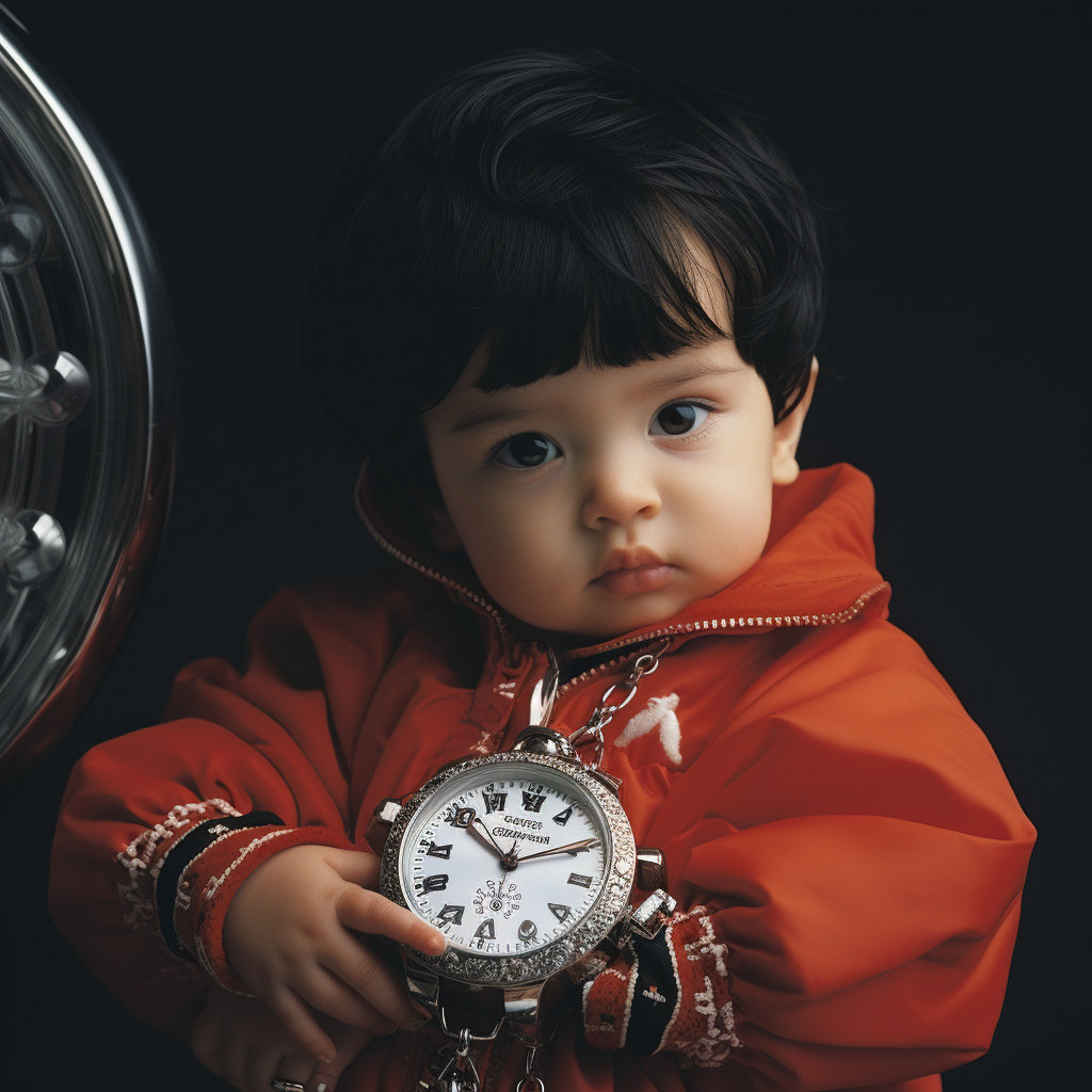 Adorable baby in Gucci jumpsuit with Rolex watch