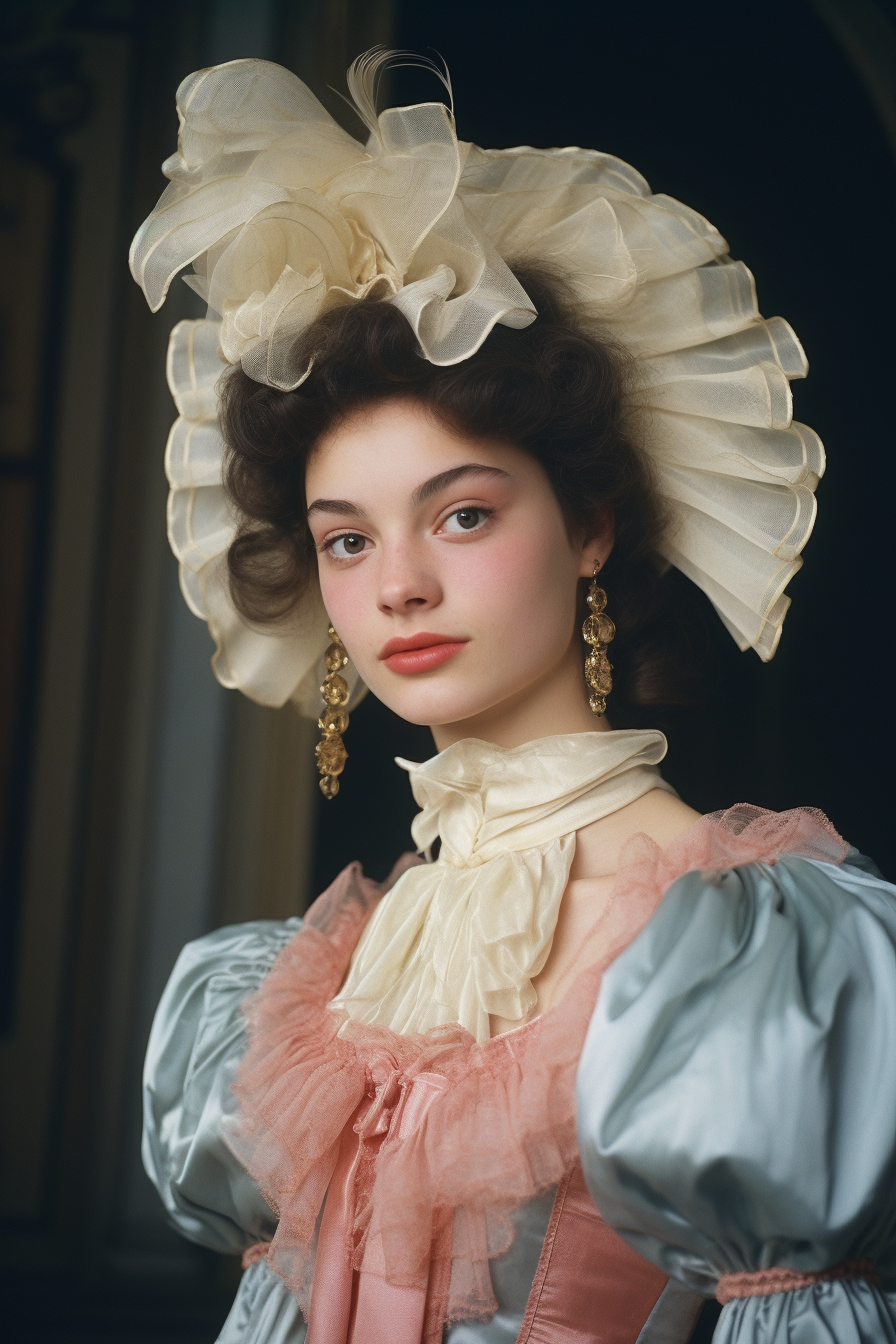 Young woman in baroque outfit by Gucci