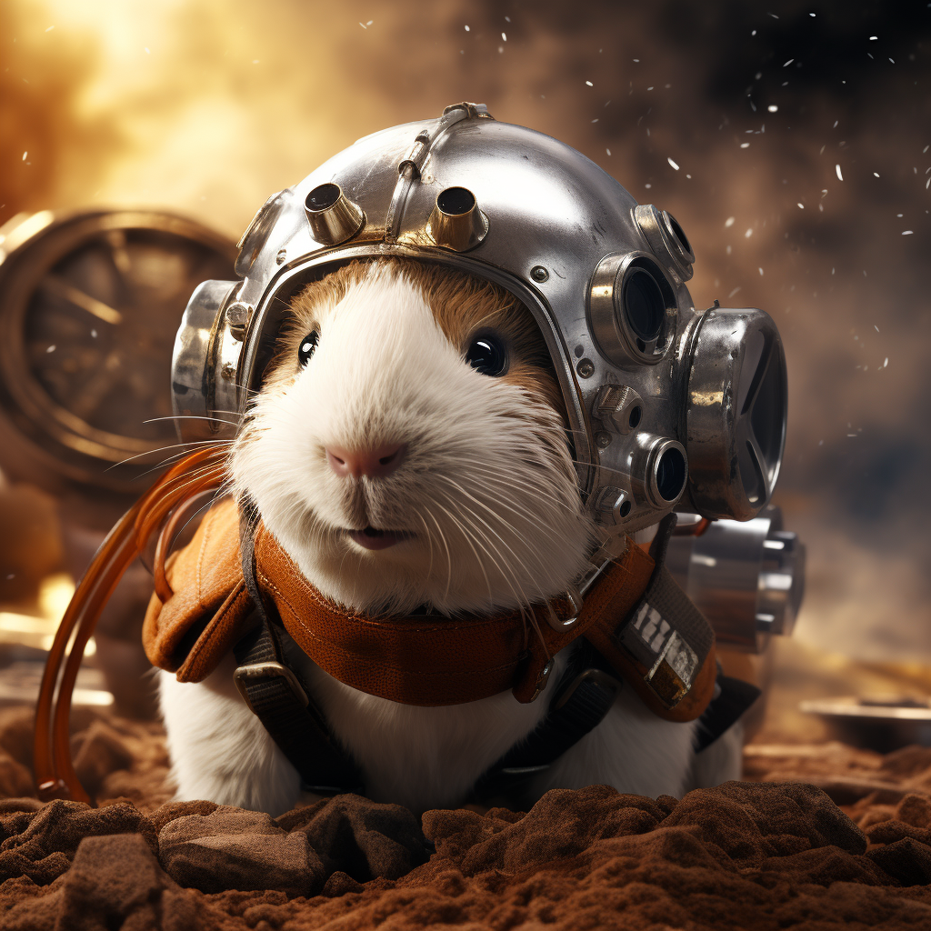 Adorable guinea pig in crash helmet and astronaut suit