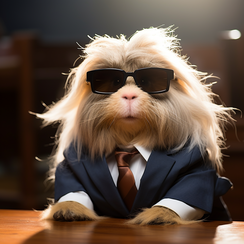 Guinea pig lawyer in court with sunglasses and wig