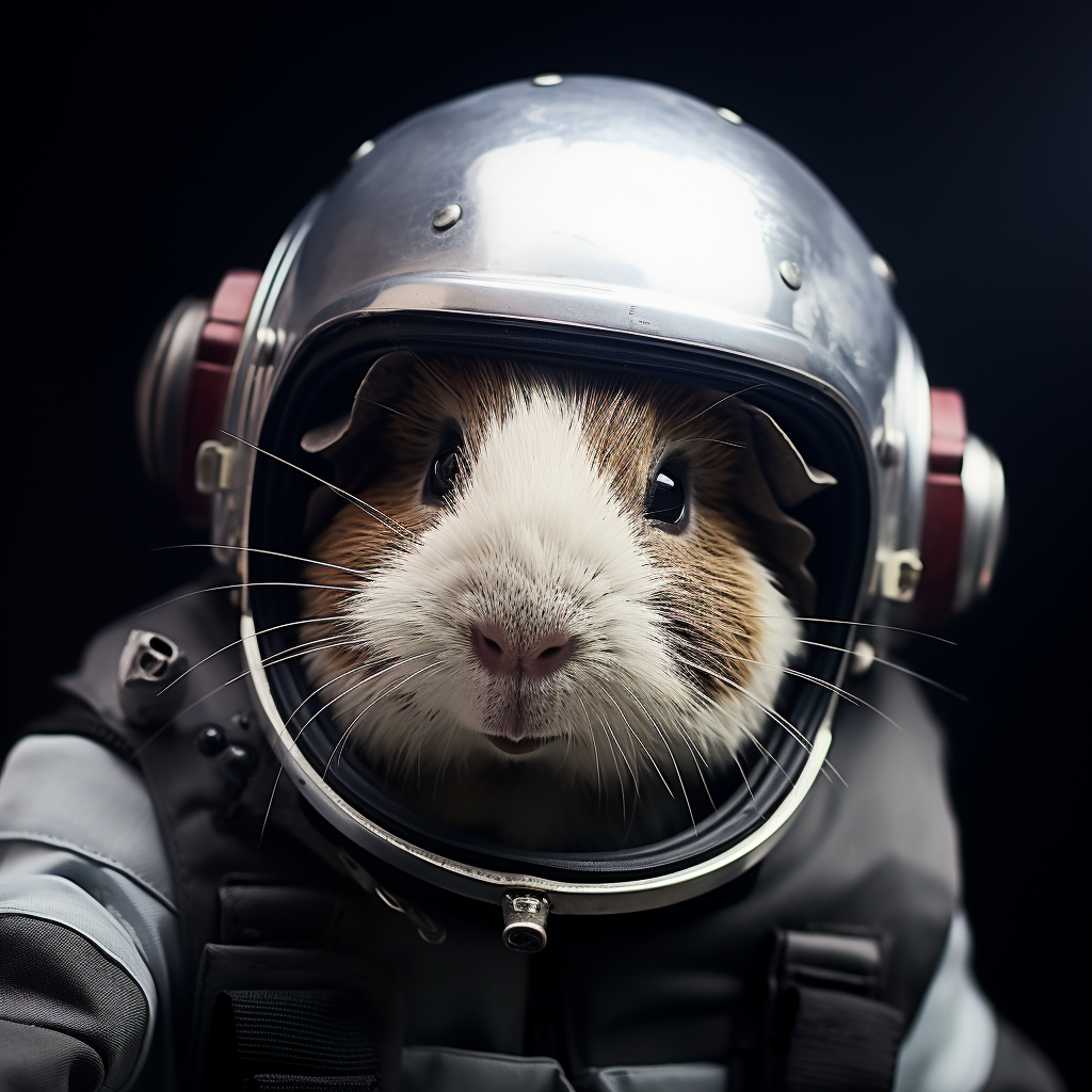 Guinea pig in crash helmet and astronaut suit saluting