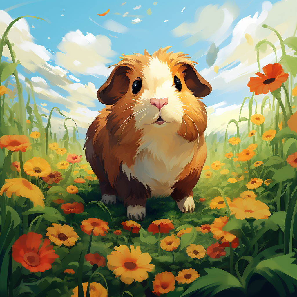 Cartoon Guinea Pig in Summer Flowers