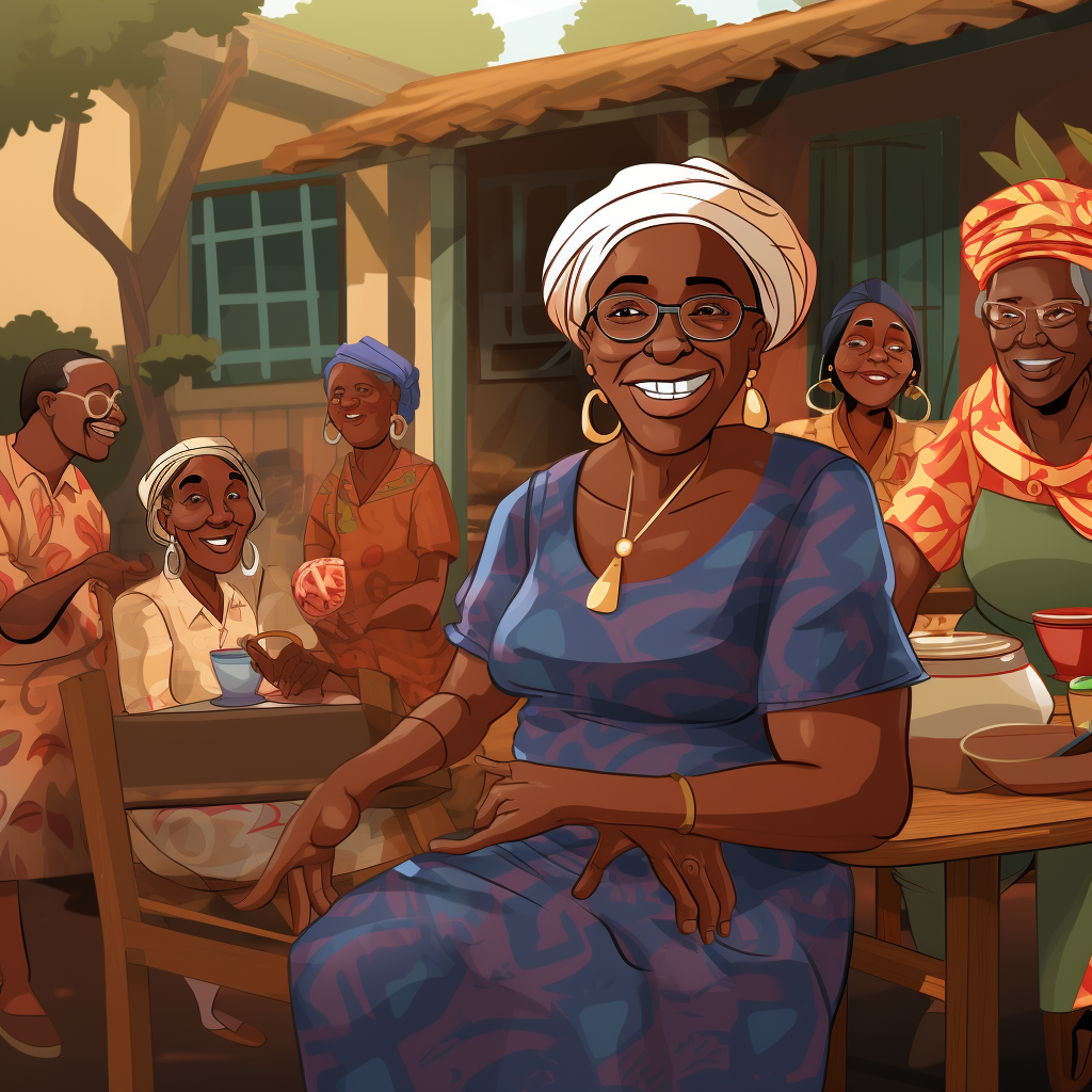 Cartoon of Guinean grandmother at village party