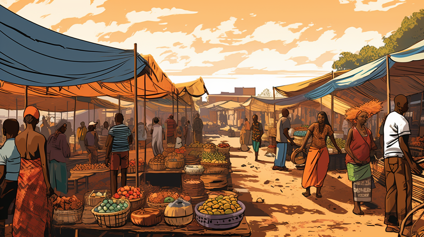 Cartoon-style Guinean market scene