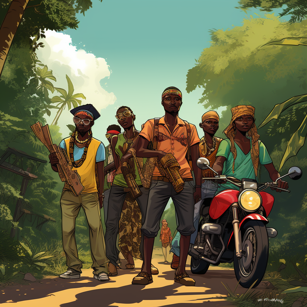 Cartoon of Guinean thugs on a small road