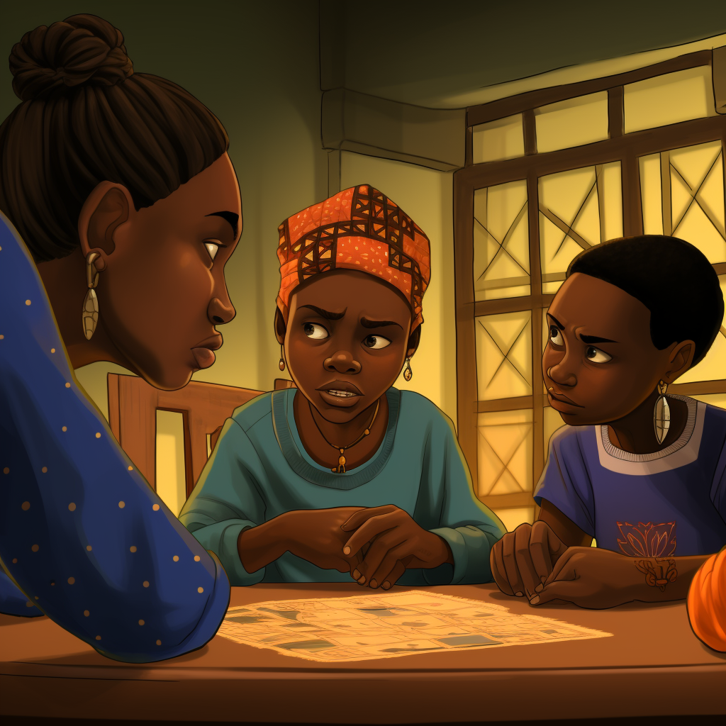 Cartoon of Guinean Children Discussing with Teacher