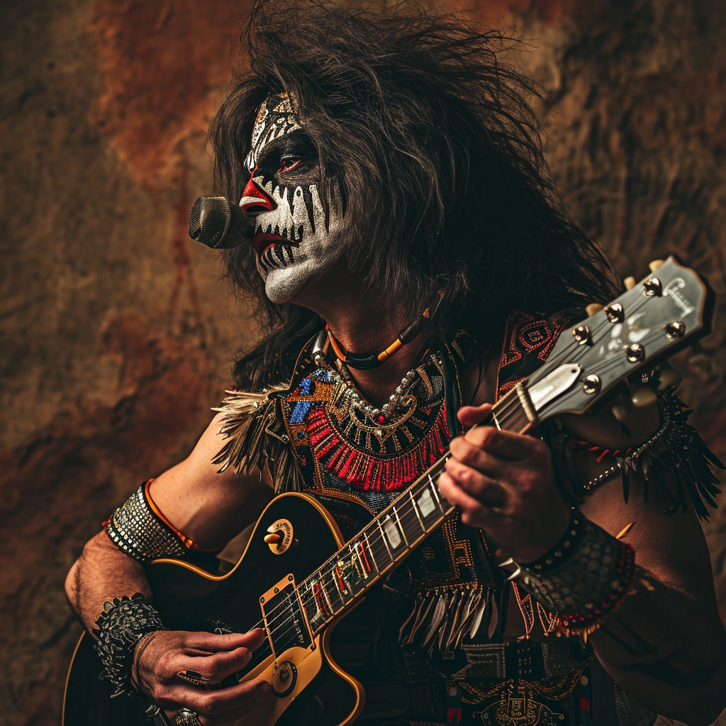 Guitar player in Aztec-inspired Kiss makeup