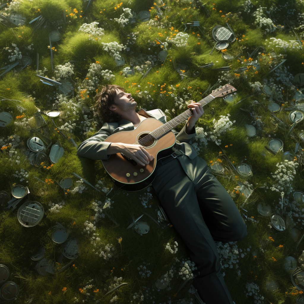 Happy guitarist playing in money field