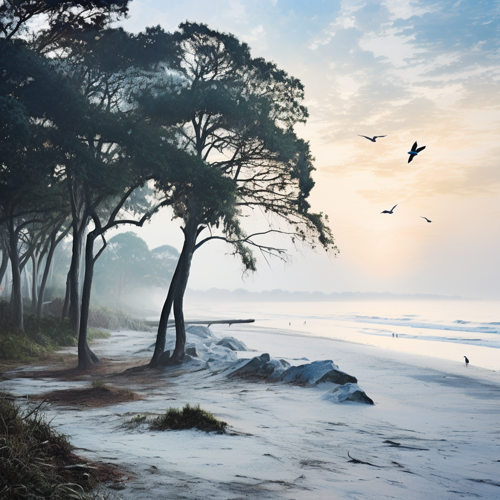 Black and Blue Gulf Beach Oak Trees Seagulls