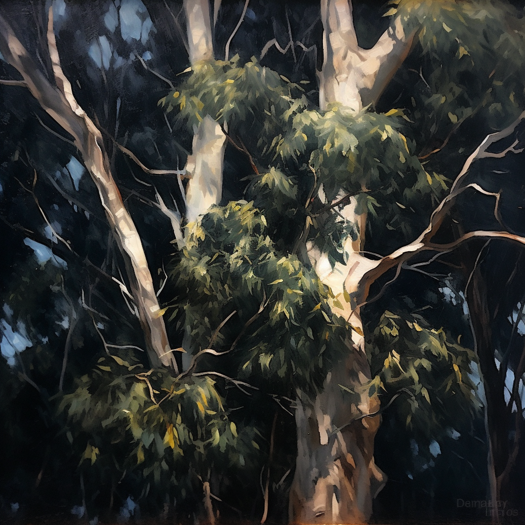 Dark and captivating gum trees at night