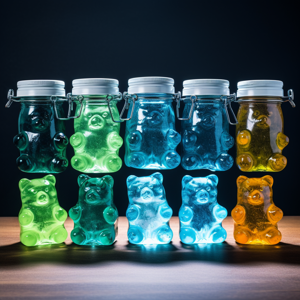 Colorful gummy bears in garage pouring soda