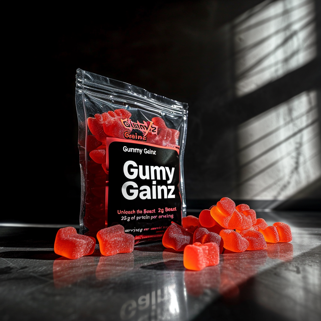 Gummy Gainz packaging with flexing gummy bear