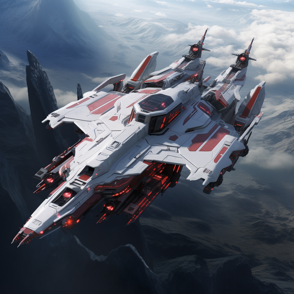 Concept art of white and red Gundam space battleship