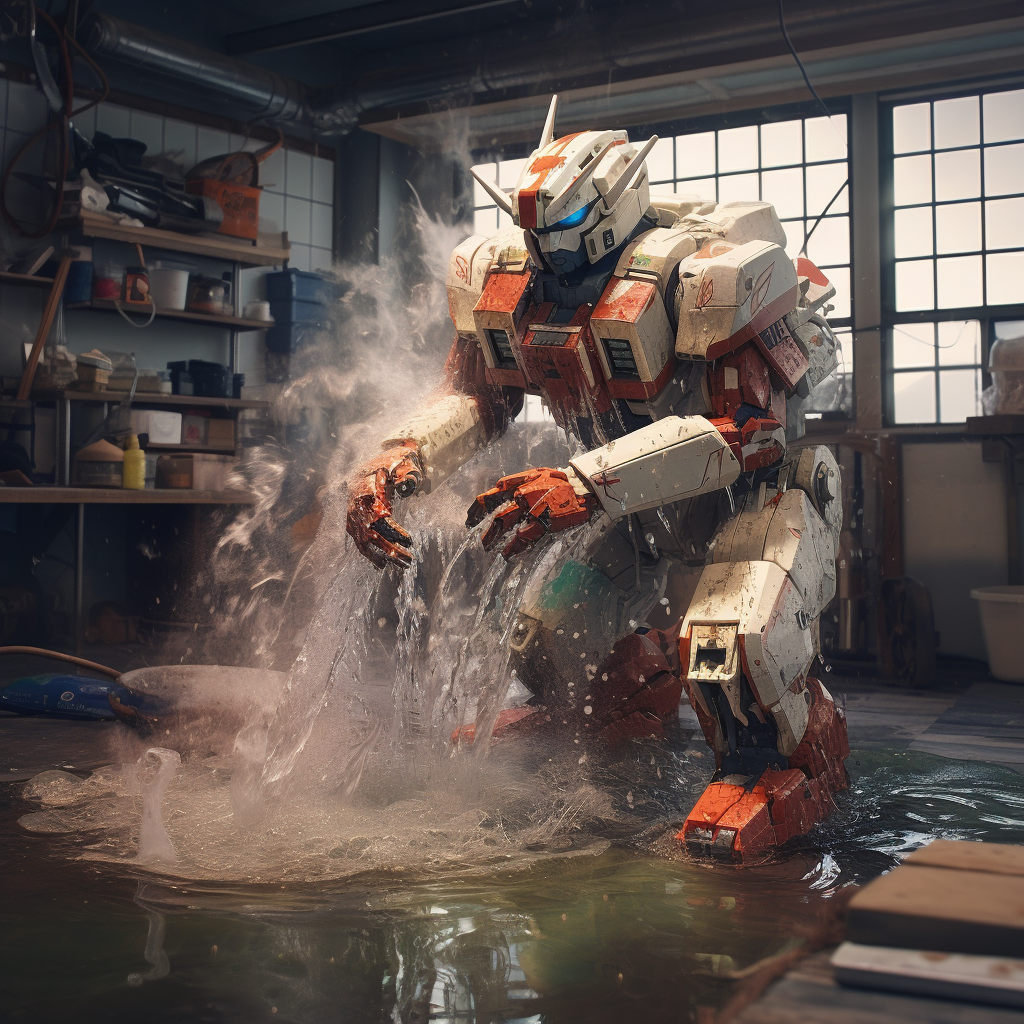 Gundam washing itself in action