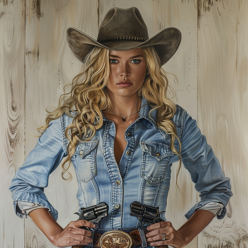 Gunslinging cowgirl with denim dress