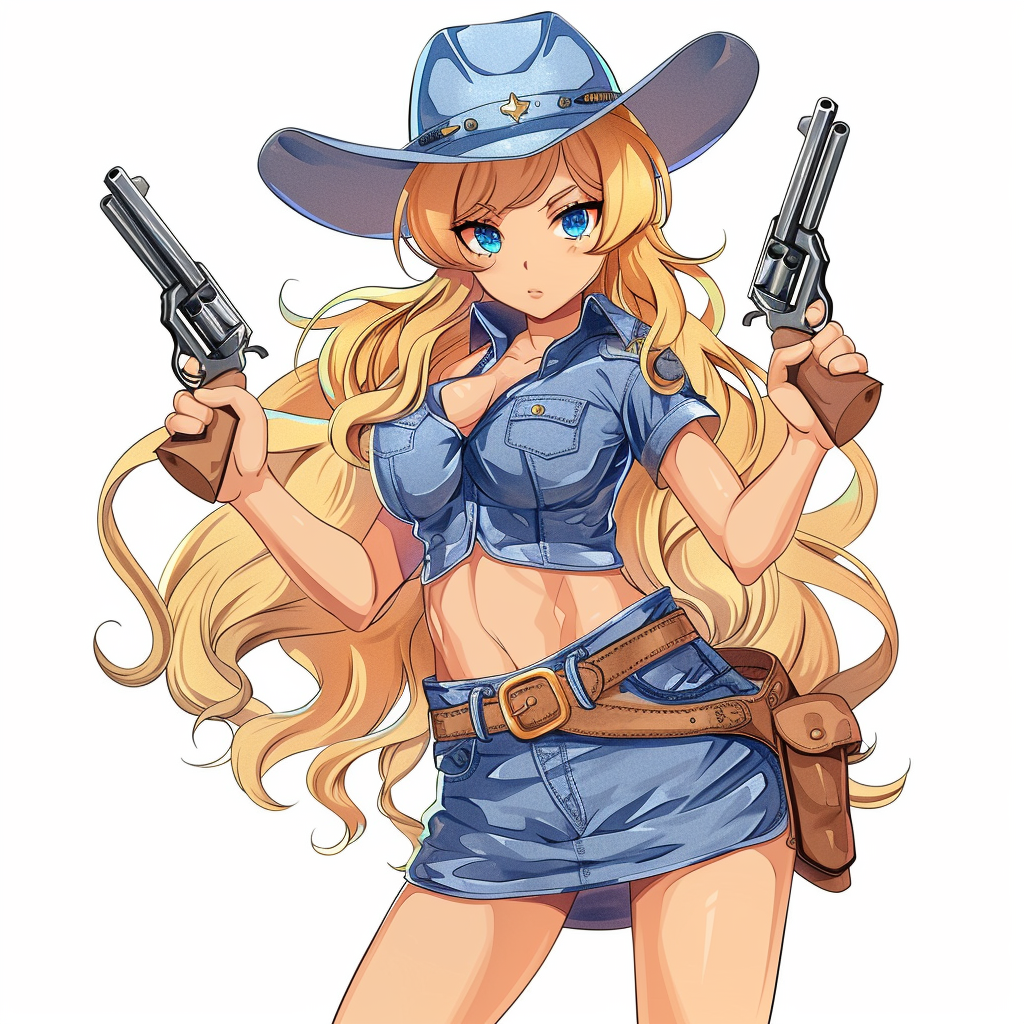 Blonde cowgirl with pistols