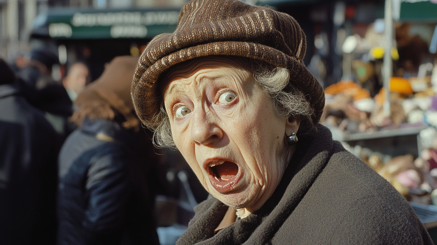 Older woman wearing ugly hat gurning