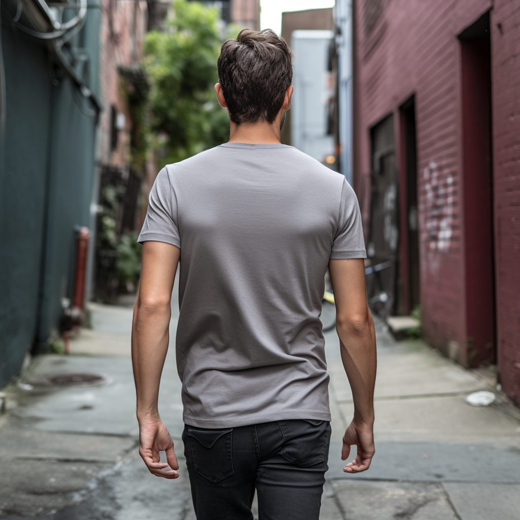 Stylish guy walking out of alley in mid grey shirt