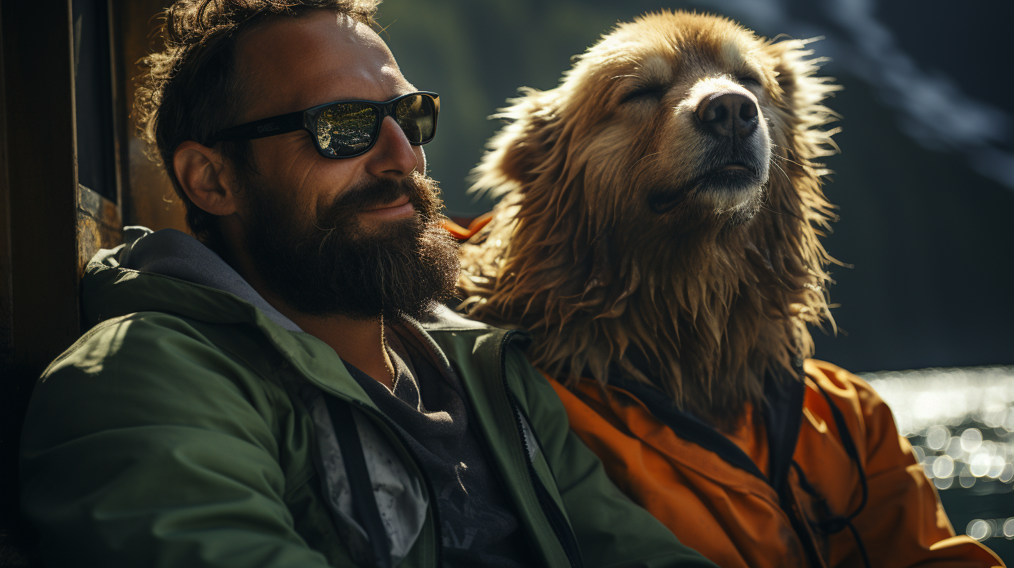 Man and Bear Fishing in Sunny Day