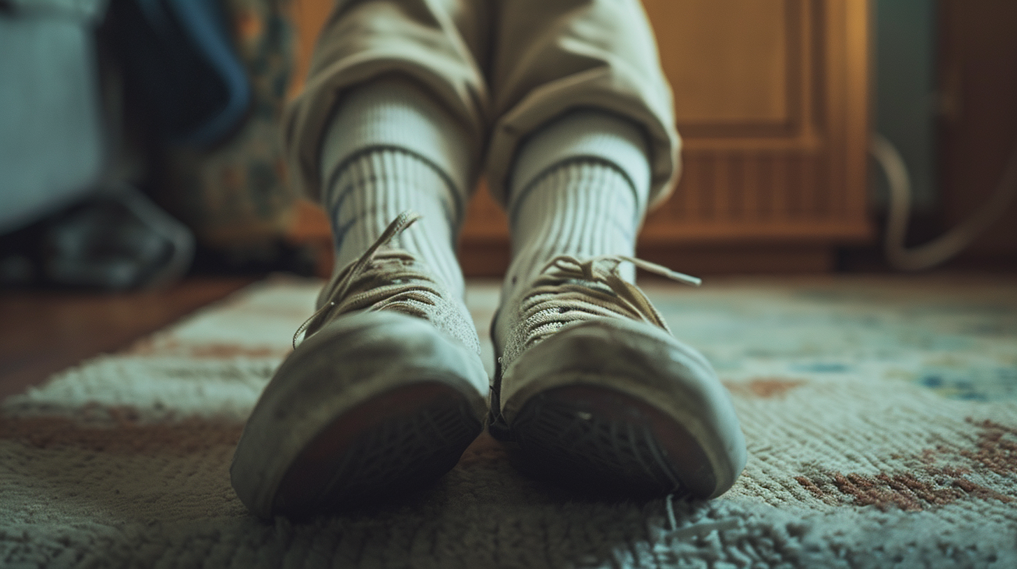 Close up of guy's feet in white worn socks