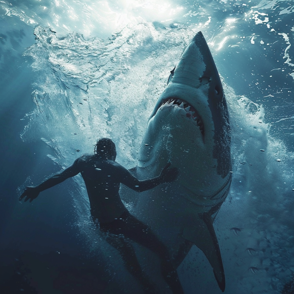 Guy holding onto great white shark fin