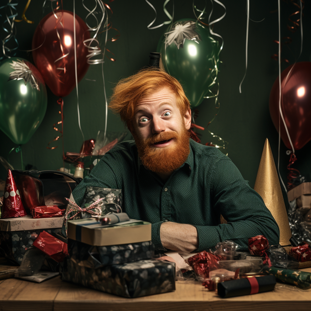 Redhead guy quickly wrapping New Year presents