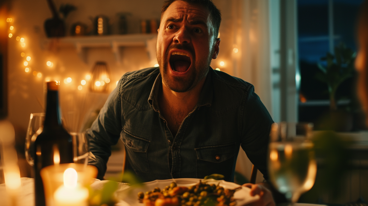 Guy singing at dining table during dinner