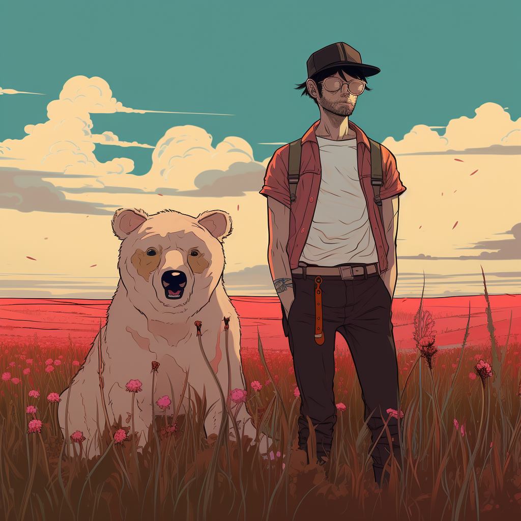 Man standing in field with bear in Jamie Hewlett style