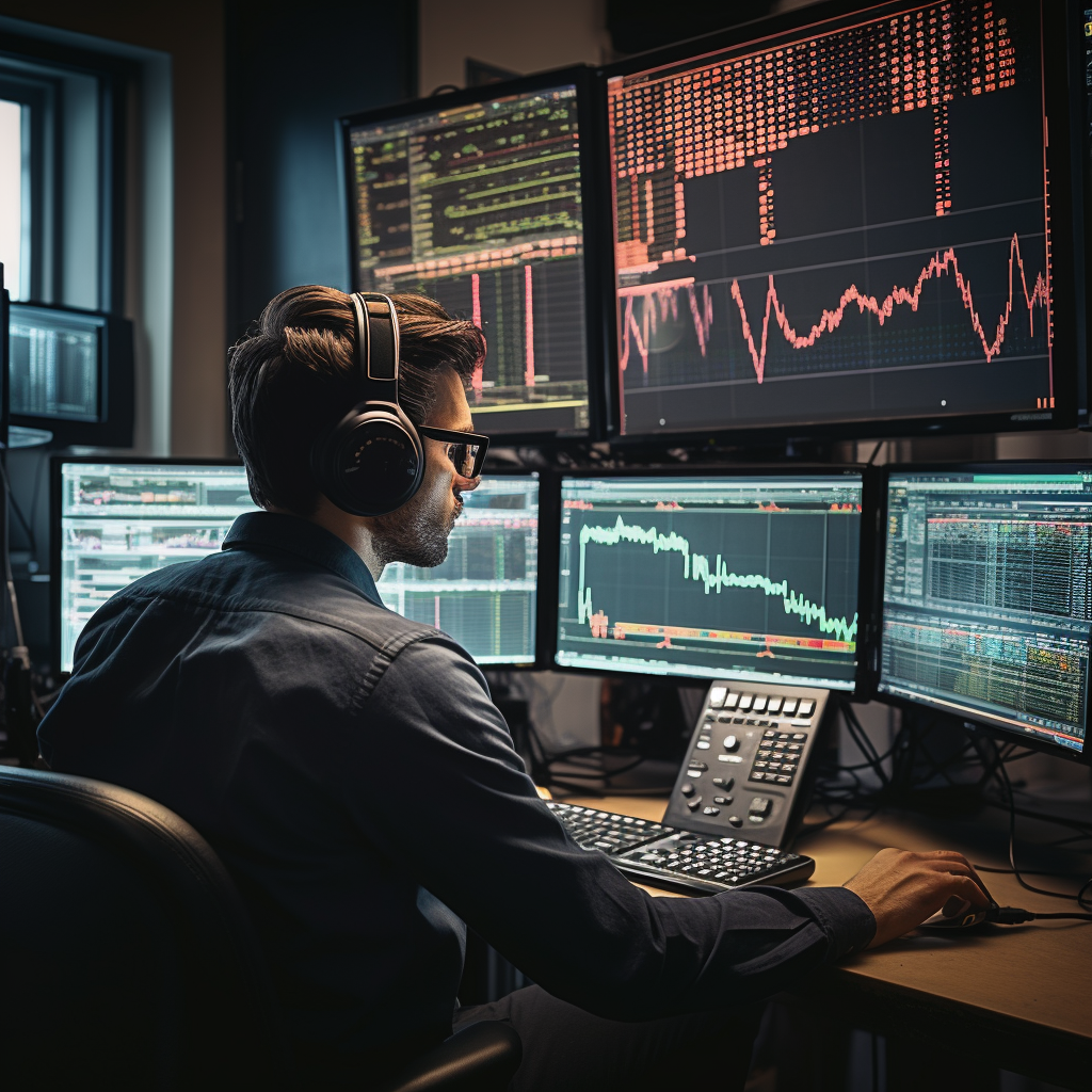 Guy trading stock market on multiple monitors