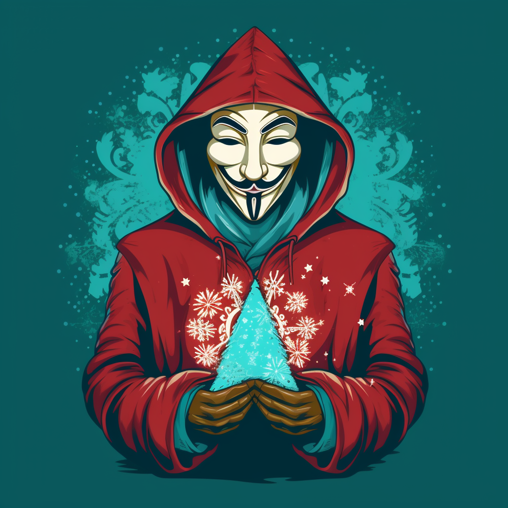 Cartoon depiction of Guy Fawkes in red hood and anonymous mask