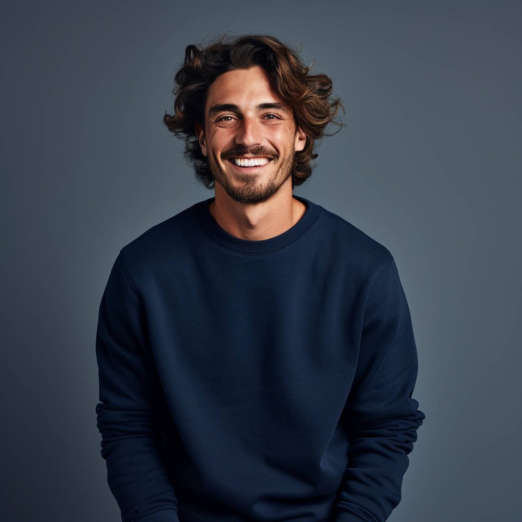 Stylish guy model with navy blue sweatshirt smiling