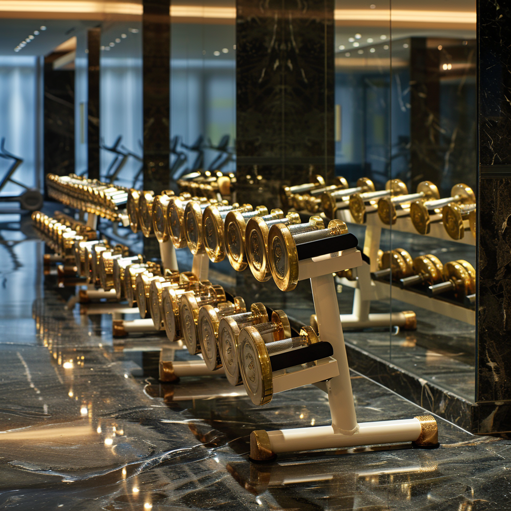 Shiny golden dumbbell rack